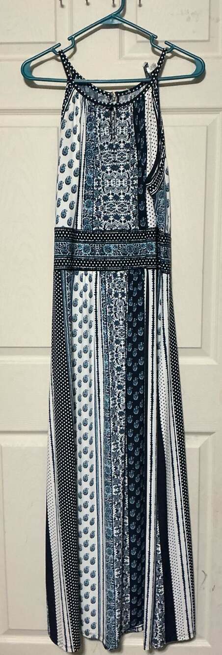 London Style Printed Halter Maxi Dress Blue White